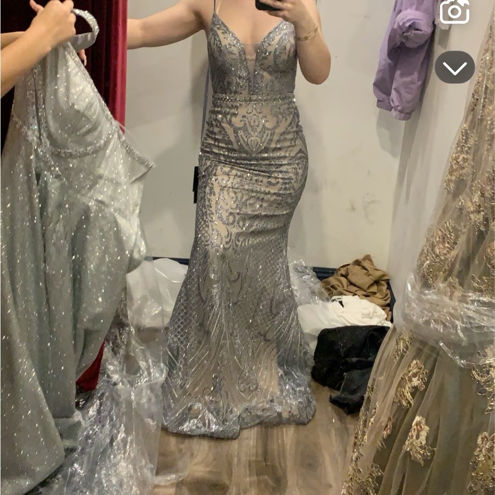 Silver Glitter Embellished Prom Gown